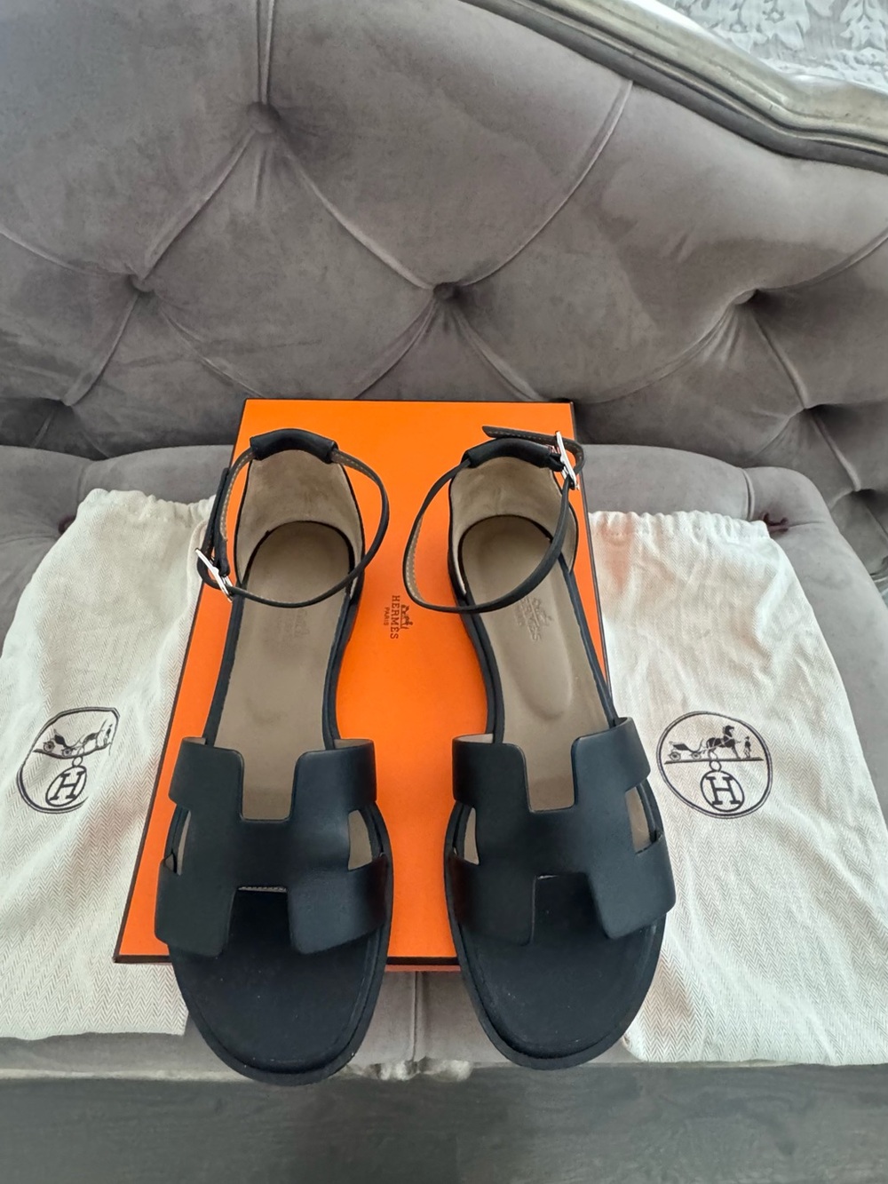 Hermes Black Leather Oran Ankle-Strap Sandals